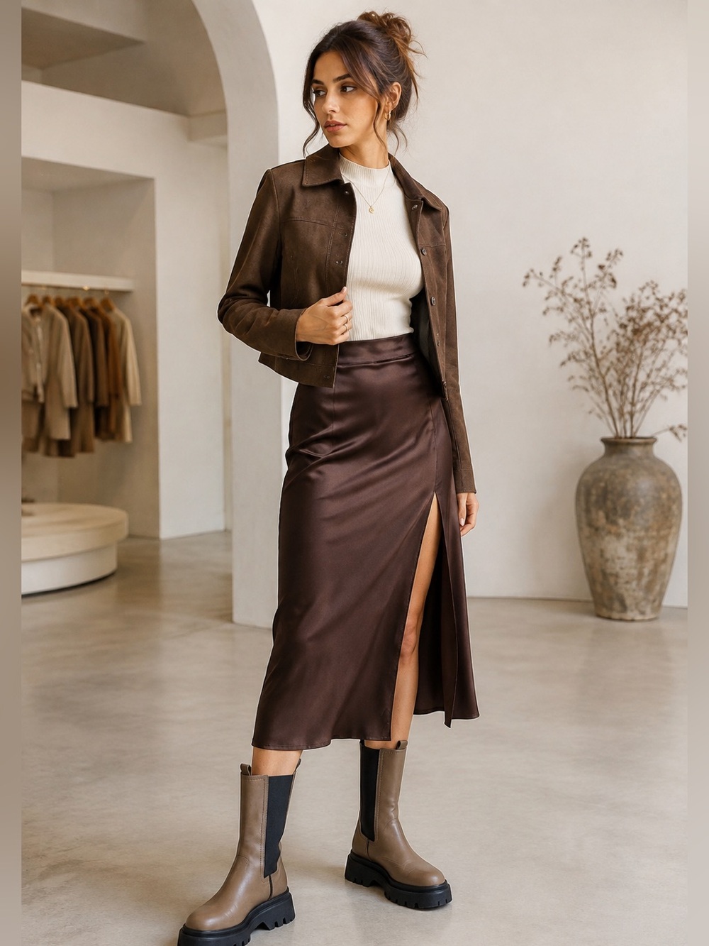 ZARA Flat Leather Ankle Boots with Chunky Track Sole Khaki Brown